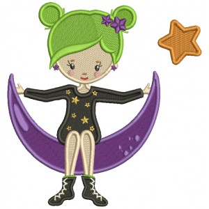 Witch Wearing Shirt With Stars Sitting On The Moon Halloween Filled Machine Embroidery Design Digitized Pattern